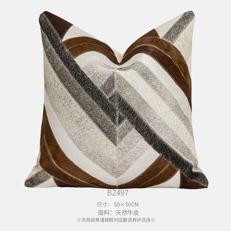 Housse de Coussin Peau de Vache Grise Patchwork Brun Tissé