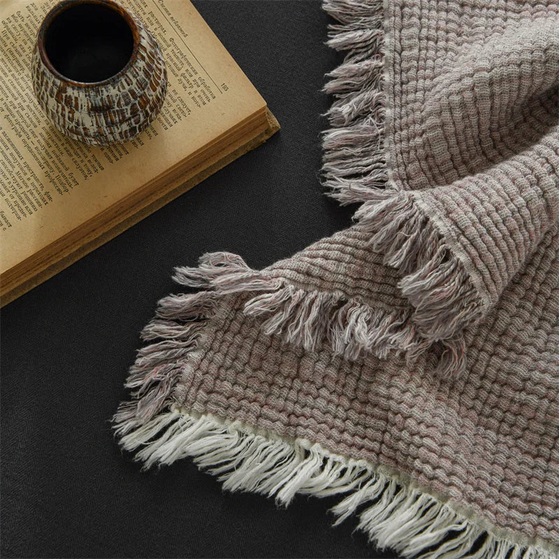 Couverture à Pompons en Coton et Lin