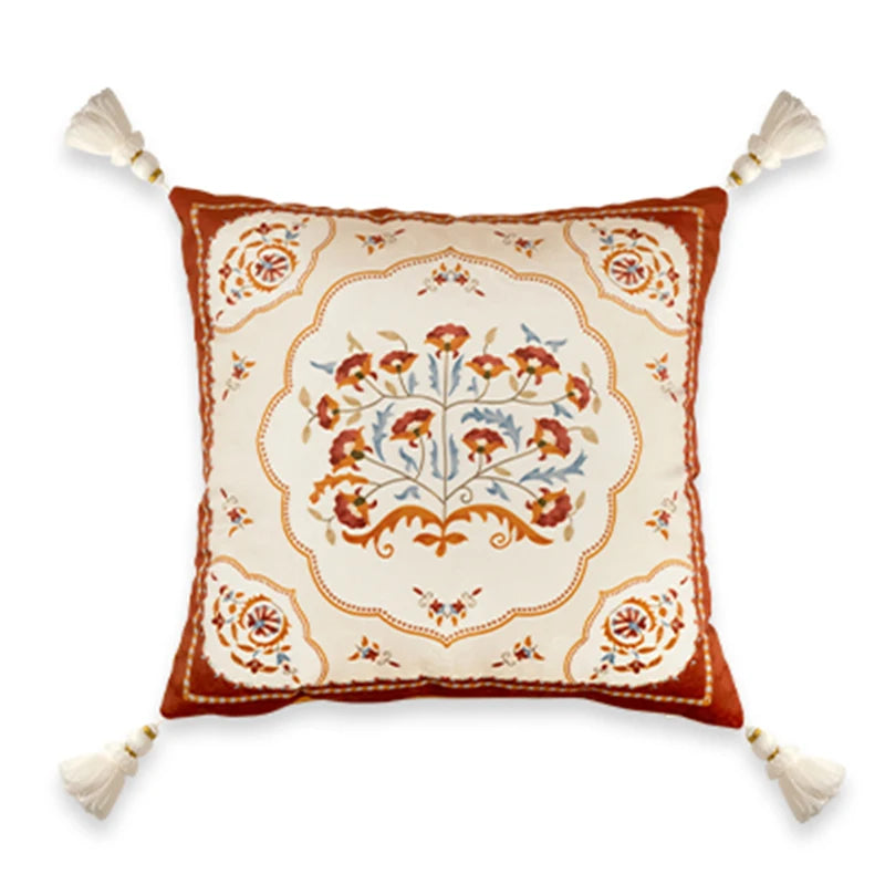 Housse de Coussin Lombaire Velours Rouge Brique Floral
