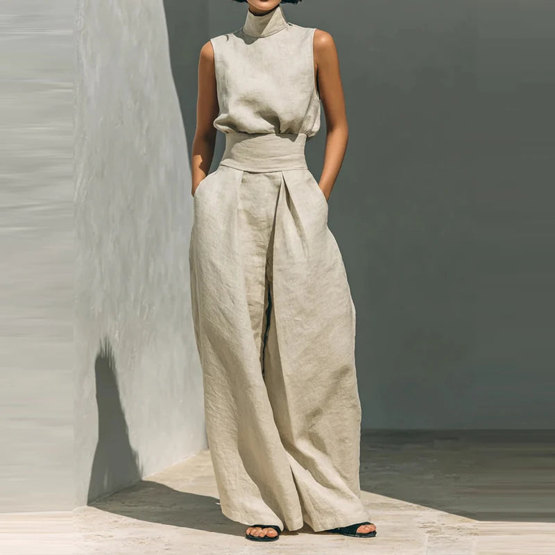 Sleeveless top+wide leg pants summer casual two-piece set elegant and loose office set high street pocket women's set