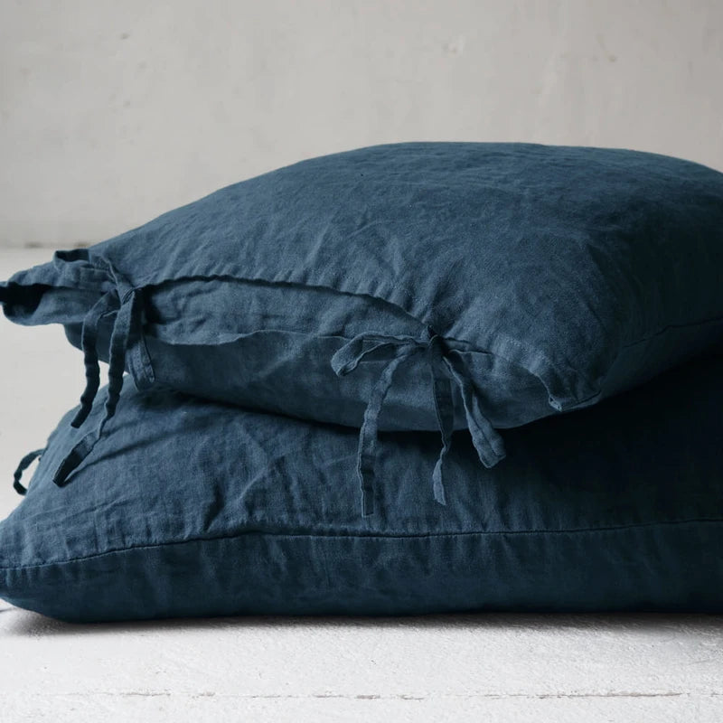 Housse de Coussin Lin Pur Nœud Papillon Bleu Foncé