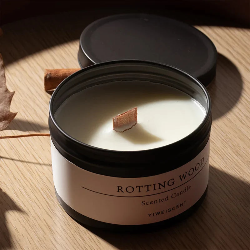 Bougie Parfumée Boîte Métal Noire Mèche Bois