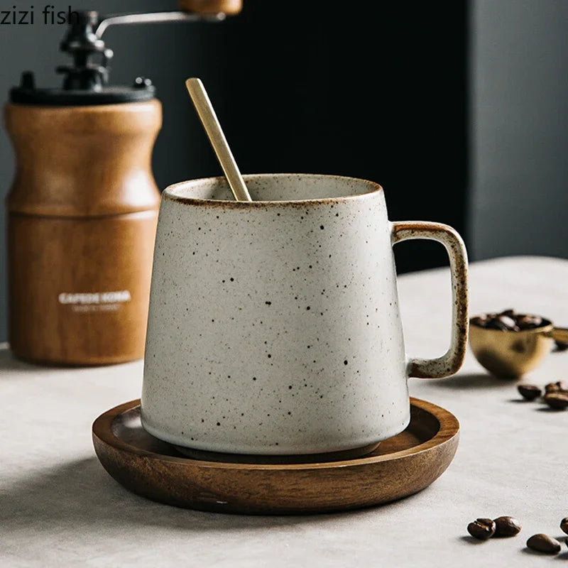 Tasse en Céramique Rétro avec Sous-Verre en Bois